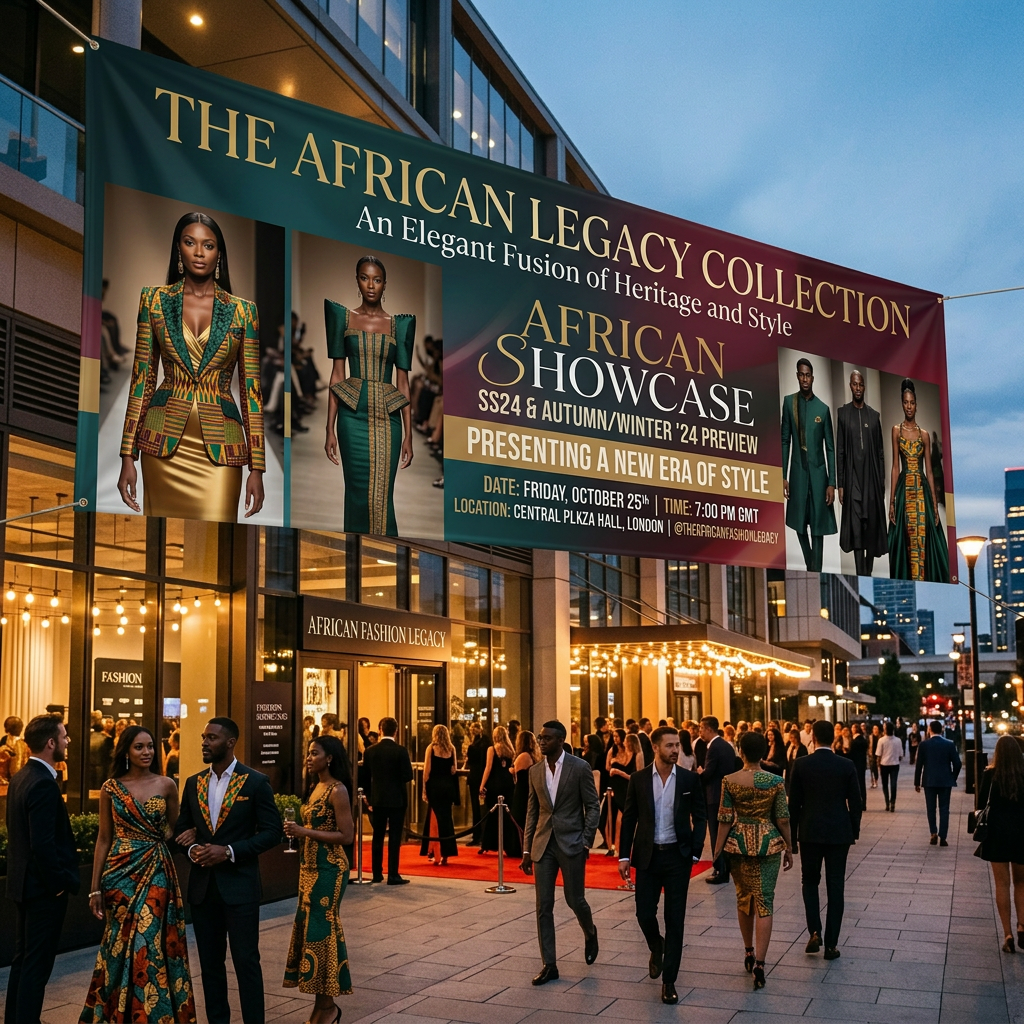 Fashion Showcase event banner displaying upcoming SS24 and Autumn/Winter '24 collections with models on runway and guests arriving outside venue
